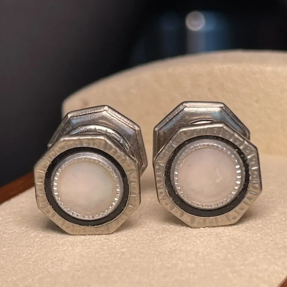 Art Deco Black Silver Tone ‘Snap Link’ Cufflinks MOP Pearl Shell Two Sided Retro